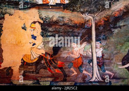 Détails des peintures murales anciennes montrant la vie de Bouddha dans le temple Wat Phra Singh, Thaïlande Banque D'Images