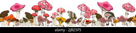 Champignons forestiers. Motif sans couture de chanterelle, de champignons porcini, de tabouret de crapaud, d'agarique de mouche, de champignon et d'autres. Dessin dessiné à la main pour le textile, l'emballage Illustration de Vecteur