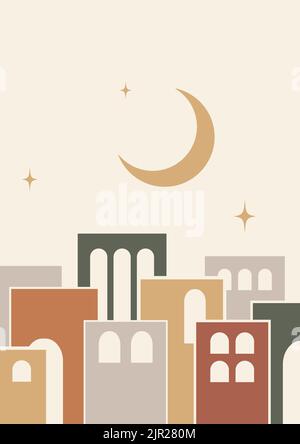Éléments d'architecture et illustration d'une affiche de lune. Illustration esthétique moderne Illustration de Vecteur