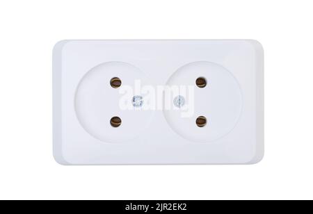 Prise électrique moderne en plastique blanc isolée sur blanc. Banque D'Images