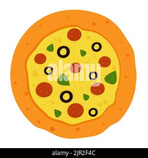 Pizza avec salami et olives noires. Illustration de la restauration rapide Banque D'Images