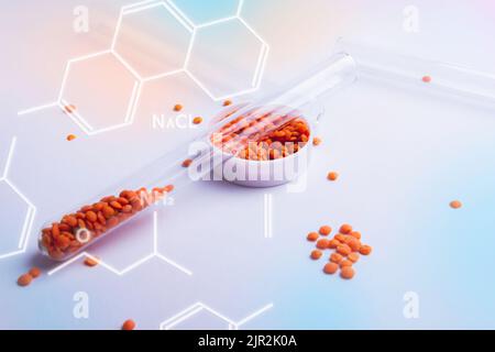 Recherche et développement de nouvelles variétés de semences. Sélection et sélection. Contrôle de qualité. Le concept des engrais naturels. Formule chimique de Banque D'Images