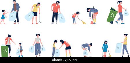 Les personnages collectent les déchets, ramassent les déchets dans des sacs de recyclage en plastique et dans une poubelle. Famille et bénévoles nettoyant les déchets de la rue. Enregistrer l'environnement Illustration de Vecteur