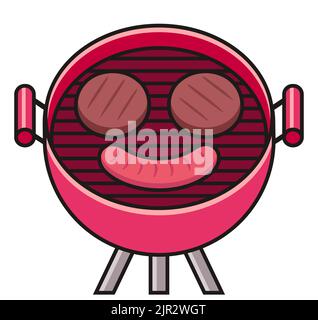 Patties de hamburger et saucisses en forme de visage smiley sur le barbecue. Nourriture barbecue dans le style de dessin animé plat, illustration d'art de clip isolé vectoriel. Illustration de Vecteur