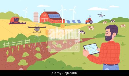 L'agriculture intelligente de demain. Agriculture industrielle technologie d'automatisation agricole, capteurs numériques de terrain connexion données téléphone mobile iot drone gps ai équipement, illustration vectorielle de l'agriculture future Illustration de Vecteur