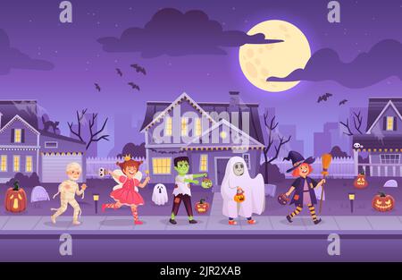 Enfants portant des costumes d'halloween. Groupes d'enfants en costume de monstre de diversité dans la rue de nuit de la ville sombre maison, trick ou traiter fête fantôme carnaval, illustration ingénieuse de vecteur de costume halloween Illustration de Vecteur