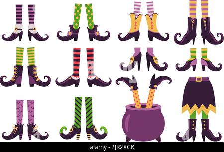 Pattes de sorcière. Bande dessinée sorcières pieds dans les chaussures bottes bas chaudron pot, halloween Witching jambe vert robe costume isolé chaussettes de pied à la mode, illustration ingénieuse vecteur des pieds rayés Illustration de Vecteur