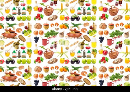 Grand modèle sans couture de divers produits sains isolés sur fond blanc. Banque D'Images