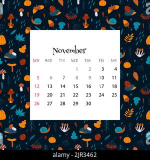 Calendrier de novembre 2023. Illustration vectorielle du calendrier du mois sur un motif sans couture avec de jolis hérissons, feuilles, champignons dans un style de dessin animé plat Illustration de Vecteur