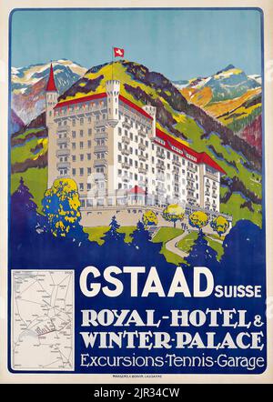 Affiche de voyage vintage - artiste anonyme - GSTAAD, ROYAL-HOTEL & WINTER-PALACE 1913. Banque D'Images