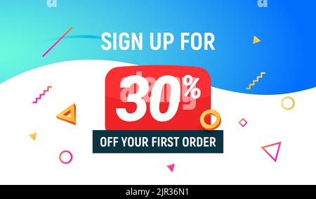 Code coupon rabais 30 inscrivez-vous à l'offre publicitaire. Promotion promotionnelle circulaire de 30 % de rabais sur les promotions Illustration de Vecteur