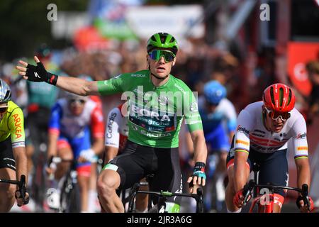 Breda, pays-Bas, 21/08/2022, l'irlandais Sam Bennett de Bora-Hansgrohe franchit la ligne d'arrivée de la phase 3 de l'édition 2022 de 'Vuelta a Espana', Tour d'Espagne course cycliste, à 193,5 km de Breda à Breda aux pays-Bas, dimanche 21 août 2022. BELGA PHOTO LUC CLAESSEN Banque D'Images