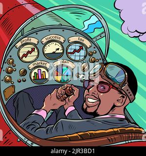 cockpit d'un avion rétro, le pilote afro-américain conduit l'avion. Profession pilote. Pop art rétro vecteur illustration 50s 60s style kitsch v Illustration de Vecteur