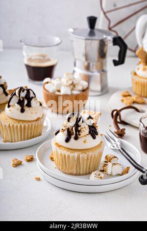 Smores cupcakes avec biscuits graham, marshmallows grillés et chocolat Banque D'Images