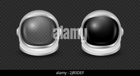 Vector 3D casques astronautes réalistes, masque cosmonaute avec visière en verre transparent pour l'exploration spatiale, jeu d'icônes isolé. Partie costume blanc pour Illustration de Vecteur