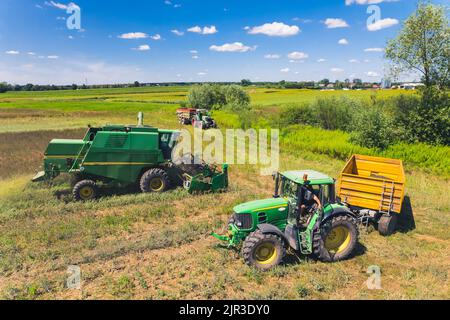 Vue aérienne de trois machines agricoles différentes - tracteur, moissonneuse-batteuse, remorques - utilisées par les opérateurs pendant la récolte. Temps ensoleillé. . Photo de haute qualité Banque D'Images