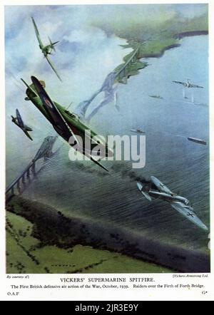 Demi-ton d'un escadron de Spitfires en action sur le Firth of Forth Bridge en Écosse en octobre 1939, deuxième Guerre mondiale, publié en 1942. Banque D'Images