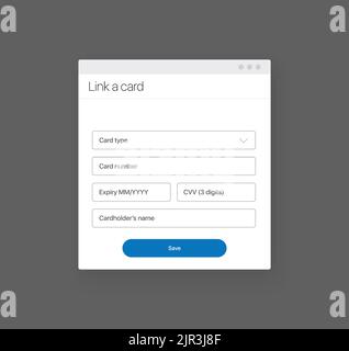 Ajouter une carte bancaire. Concept de mode de paiement. Lier votre compte bancaire écran Ajouter une étape de carte de crédit. Concept de conception d'interface utilisateur de style minimal Illustration de Vecteur