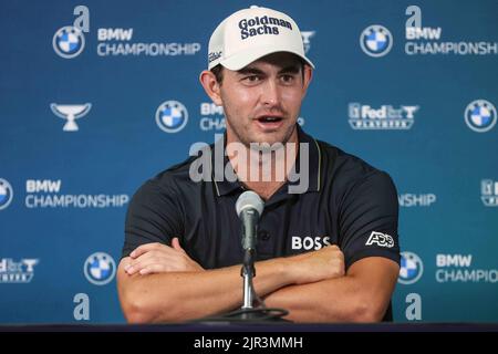 Wilmington, DE, États-Unis. 21st août 2022. Le golfeur PATRICK CANTLAY parle aux médias après avoir remporté le championnat BMW dimanche 21 août 2022, au Wilmington Country Club à Wilmington, Delaware. (Image de crédit : © Saquan Stimpson/ZUMA Press Wire) Banque D'Images