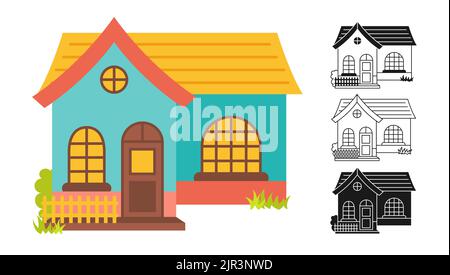 Maison avant plat dessin animé ou gravé, timbre d'encre ou de l'ensemble de doodle linéaire. Village façade ancienne, petites et petites maisons. Bâtiments modernes et confortables. Maison résidentielle, maison de campagne ou villa design d'appartement Illustration de Vecteur