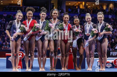 Tampa, Floride. ÉTATS-UNIS, 21 août 2022 : les 8 meilleurs finalistes des championnats américains de gymnastique senior de 2022 femmes à l'Amalie Arena de Tampa, en Floride. Kyle Okita/CSM Banque D'Images