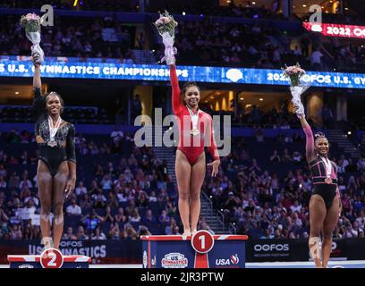 Tampa, Floride. ÉTATS-UNIS, 21 août 2022 : lors de la finale des championnats de gymnastique américains 2022 à l'Amalie Arena de Tampa, en Floride. Kyle Okita/CSM Banque D'Images