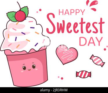 Joyeux jour sucré le 21 octobre Sweet Holiday Event dessin main dessin de dessin animé dessin animé dessin animé de dessin animé avec des gâteaux et de la bonbons dans un fond rose Illustration de Vecteur