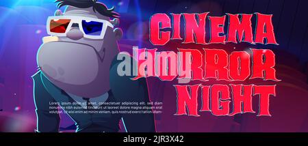 Bannière cinéma horreur nuit avec personnage zombie dans 3D verres. Poster vectoriel du festival de film d'Halloween avec illustration de dessin animé de monstre créepy et effet de glitch de type Illustration de Vecteur