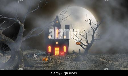 nuit pleine de lune à la tombe avec château noir, motif d'affiche d'halloween, 3d rendu d'illustration, 3d rendu d'illustration Banque D'Images