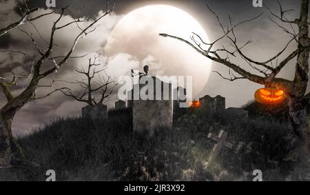 pleine nuit de lune à la tombe halloween poster design, 3d illustration de rendu Banque D'Images