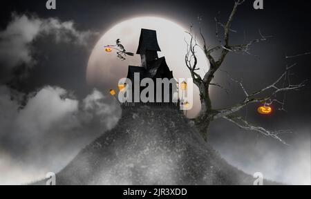 squelette sorcière avec château noir sur petite colline et tombe halloween concept festival, 3d illustration rendu Banque D'Images