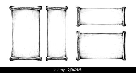 Ensemble de rouleaux de papier dépliés, rouleau de papyrus, parchemin ancien avec espace pour le texte. Illustration vectorielle dessinée à la main isolée sur fond blanc Illustration de Vecteur