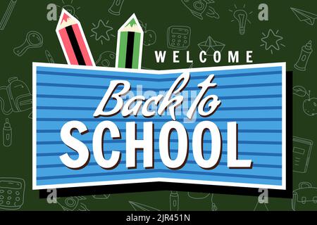 Bienvenue bandeau de retour à l'école, rétro. Arrière-plan illustration icônes accessoires modèle concept isolé Illustration de Vecteur