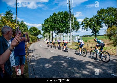 Breda, pays-Bas, 21/08/2022, On voit des gens prendre des photos du peloton qui passe. Le peloton part de Breda pour une boucle de 193,2km autour de la ville hollandaise avec 181 cavaliers. Les baroudeurs espagnols et néerlandais mènent les premières tentatives sécessionnistes jusqu'à ce que Thomas de Gendt (Lotto Soudal) de Belgique lance une attaque réussie au km 4. Il est rejoint à l'avant par Julius van den Berg (EF Education-EasyPost), José Herrada (Cofidis), Jan Bakelants (Intermarché-Wanty-Gobert Materiaux), Ander Okamika (Burgos-BH), Pau Miquel (Kern Pharma) et Mikel Iturria (Euskaltel-Euskadi). Alpecin-Deceuninck et équipe des eau E Banque D'Images