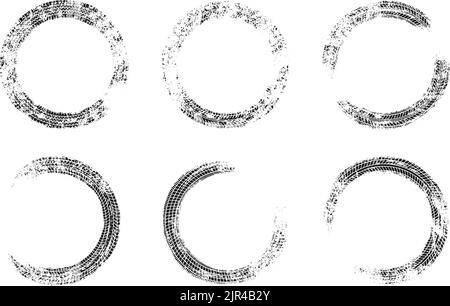 Jeu de cadres de cercle de grunge de bande de roulement auto. Pneus de voiture et de moto, bande de roulement de pneu de roue. Bordure ronde de pneu noire. Illustration vectorielle Illustration de Vecteur