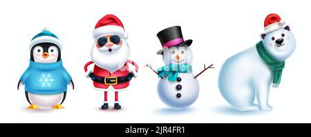 Ensemble de personnages de Noël à motif vectoriel. Le Père noël, le pingouin, l'ours polaire et les personnages de bonhomme de neige isolés sur fond blanc pour Noël. Illustration de Vecteur