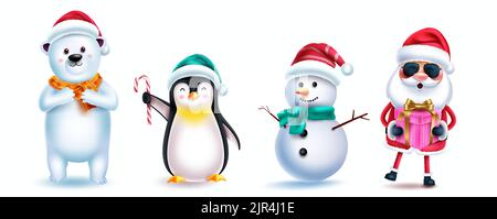 Ensemble de personnages de Noël à motif vectoriel. Santa claus, ours polaire, bonhomme de neige et pingouin 3D caractère de noël isolé sur fond blanc pour Noël. Illustration de Vecteur