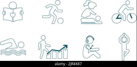 Lecture, jouer, massage, cyclisme, natation, illustration vectorielle de succès, de musique et de jeu d'ions de yoga Illustration de Vecteur