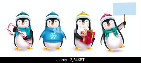 Ensemble vectoriel personnages pingouins de Noël. 3d pingouins avec chapeau, chandail, écriteau et éléments cadeau isolés sur fond blanc pour noël. Illustration de Vecteur