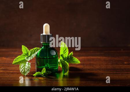 Feuilles d'herbes à la menthe fraîche et huile essentielle en flacons compte-gouttes Banque D'Images