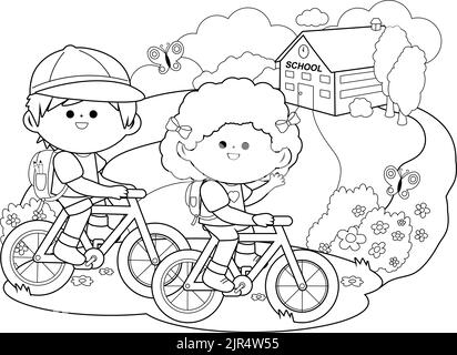 Les enfants qui vont à l'école à vélo. Page de couleur noire et blanche vectorielle Illustration de Vecteur