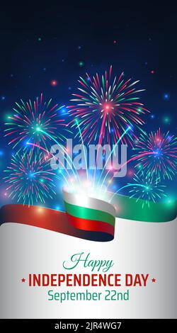 22 septembre, bulgarie jour de l'indépendance, modèle de vecteur drapeau bulgare et feux d'artifice colorés sur fond de ciel nocturne. Fête nationale de Bulgarie Illustration de Vecteur