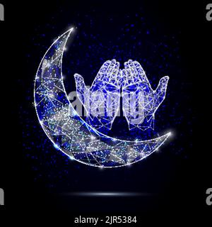 Vecteur polygonal style art mains de prière musulmanes avec croissant de lune. Maillage à faible teneur en polyfilaires avec particules dispersées et effets de lumière sur le bac bleu foncé Illustration de Vecteur