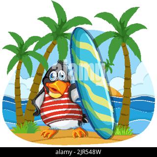 Joli personnage de dessin animé de pingouin sur l'illustration des vacances d'été Illustration de Vecteur
