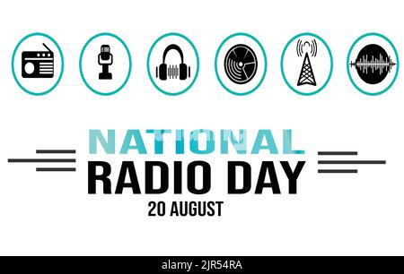 Au 20 août, la Journée nationale de la radio reconnaît la grande invention de la radio. Célébrez les actualités, l'information, la musique et les histoires qui se déroulent dans le monde entier Illustration de Vecteur