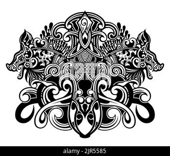 Tête d'animaux. Concept asiatique traditionnel. Mythologie et culture. Style tatouage Illustration de Vecteur