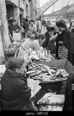 PORTUGAL - PORTO - 1970. Les femmes achètent du poisson sur un marché au bord de la rivière dans le quartier de Ribeira à Porto, dans le nord du Portugal. Copyright Photographie: Par PE Banque D'Images