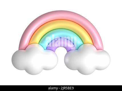 3d arcs-en-ciel de couleur pastel violet, bleu, jaune, rose. Arc-en-ciel en plastique mignon avec nuages. 3d illustration du ressort de rendu adaptée à la décoration Banque D'Images