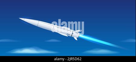 Missile hypersonique dans le ciel bleu avec des nuages. Missile en diagonale avec flamme. Illustration vectorielle. Illustration de Vecteur