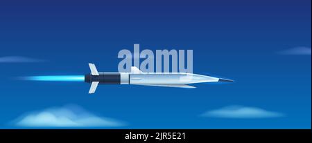 Missile hypersonique volant dans le ciel bleu avec des nuages. Illustration vectorielle. Illustration de Vecteur
